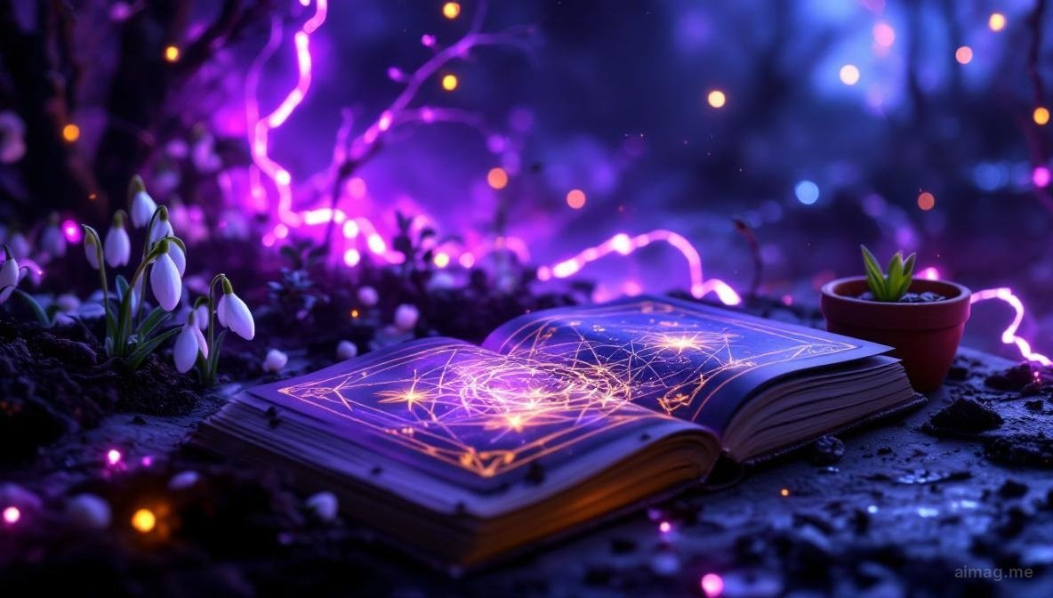 Tarot cards arranged in a seed-like pattern on a surface with green sprouts and soft golden spring light filtering through