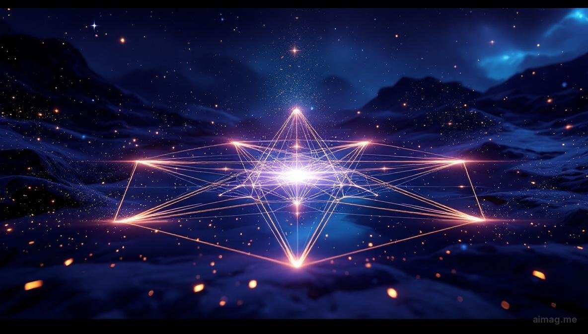 Seven tarot cards arranged in a six-pointed star pattern on a dark surface with soft starlight illuminating the central card, creating an atmosphere of hope and cosmic guidance