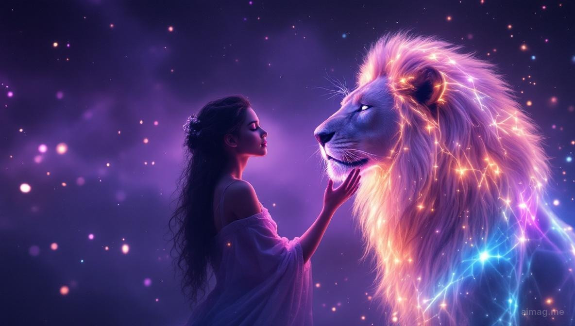 A gentle figure calmly holding open the jaws of a golden lion, an infinity symbol glowing above their head, surrounded by wildflowers in warm afternoon light