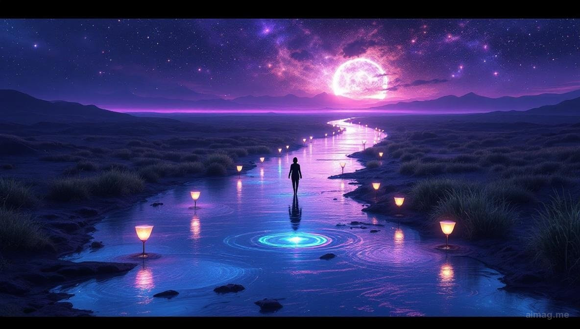 A cascade of fourteen golden chalices arranged in a flowing arc from a single overflowing cup to a crowned king's goblet, water connecting them in a continuous stream