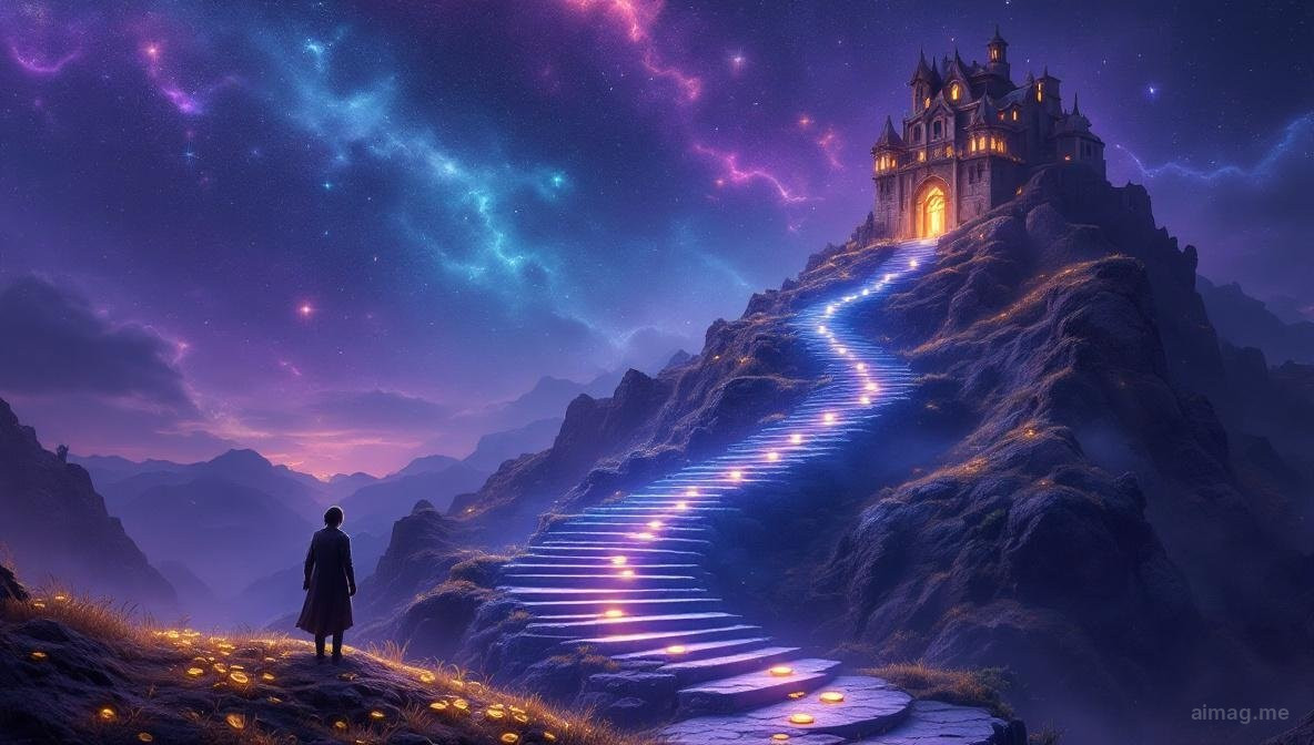 Fourteen golden pentacle coins arranged in an ascending spiral from a single seed-like coin at the bottom to an ornate crown-topped coin at the peak, with roots and branches connecting them