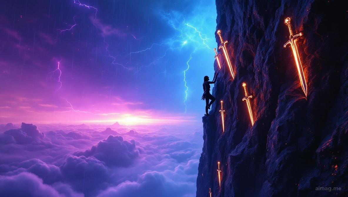 A single silver sword standing upright against a stormy sky that gradually clears from left to right, representing the mental journey from confusion to clarity