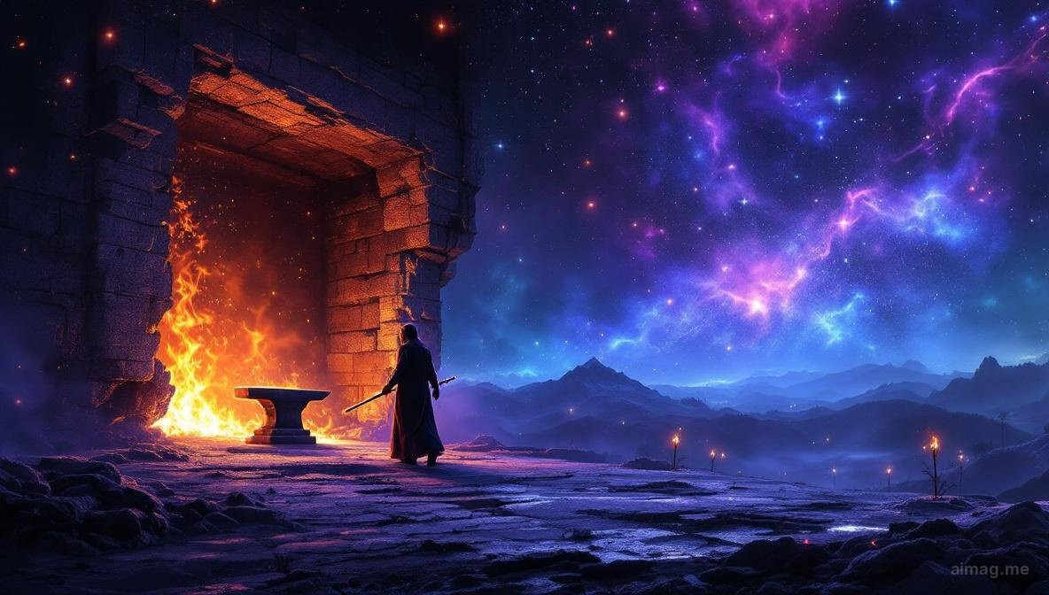 A wooden wand with a glowing ember at its tip standing against a warm amber background that transitions from dark earth tones to bright golden light