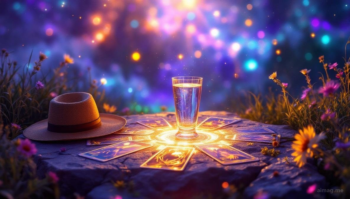 Tarot cards arranged in a sun-ray pattern on warm golden stone with long dramatic summer shadows