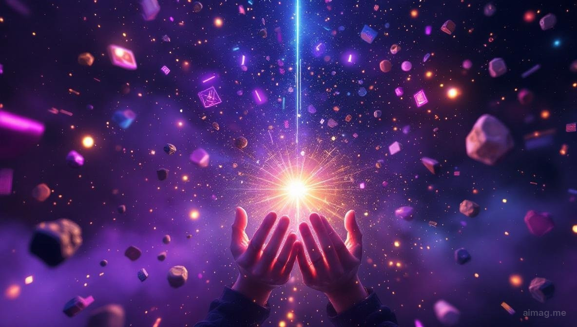 A single tarot card held in steady hands against a softly blurred colorful background, representing a focal point amid visual complexity and scattered energy