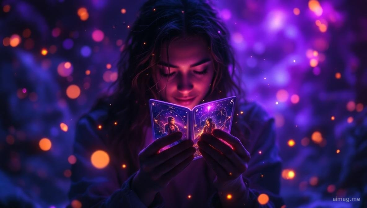 A figure holding a tarot card at eye level studying it like reading a face, with faint transparent EQ quadrant symbols surrounding the scene