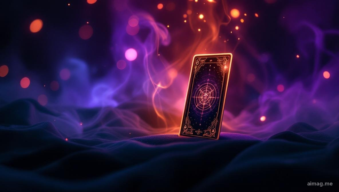 Pojedyncza karta tarota oparta pionowo na poduszce do medytacji w spokojnym pomieszczeniu z delikatnym naturalnym światłem, osoba siedząca w pozycji medytacyjnej widoczna w miękkim rozmyciu za nią