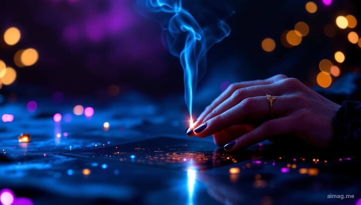 Pojedyncza karta tarota spoczywa na spokojnej powierzchni w miękkim porannym świetle, dłonie delikatnie złożone na stole w postawie medytacyjnej