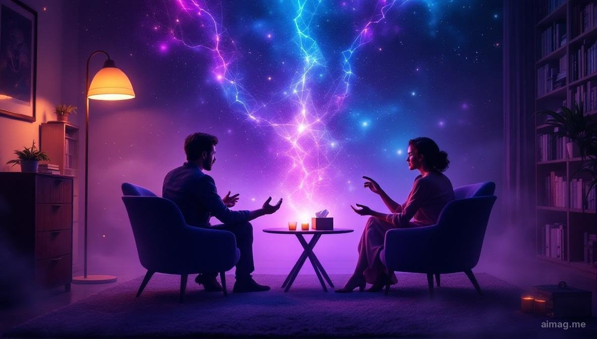 A therapy office with two chairs facing each other across a low table where a small tarot spread lies between a tissue box and a glass of water