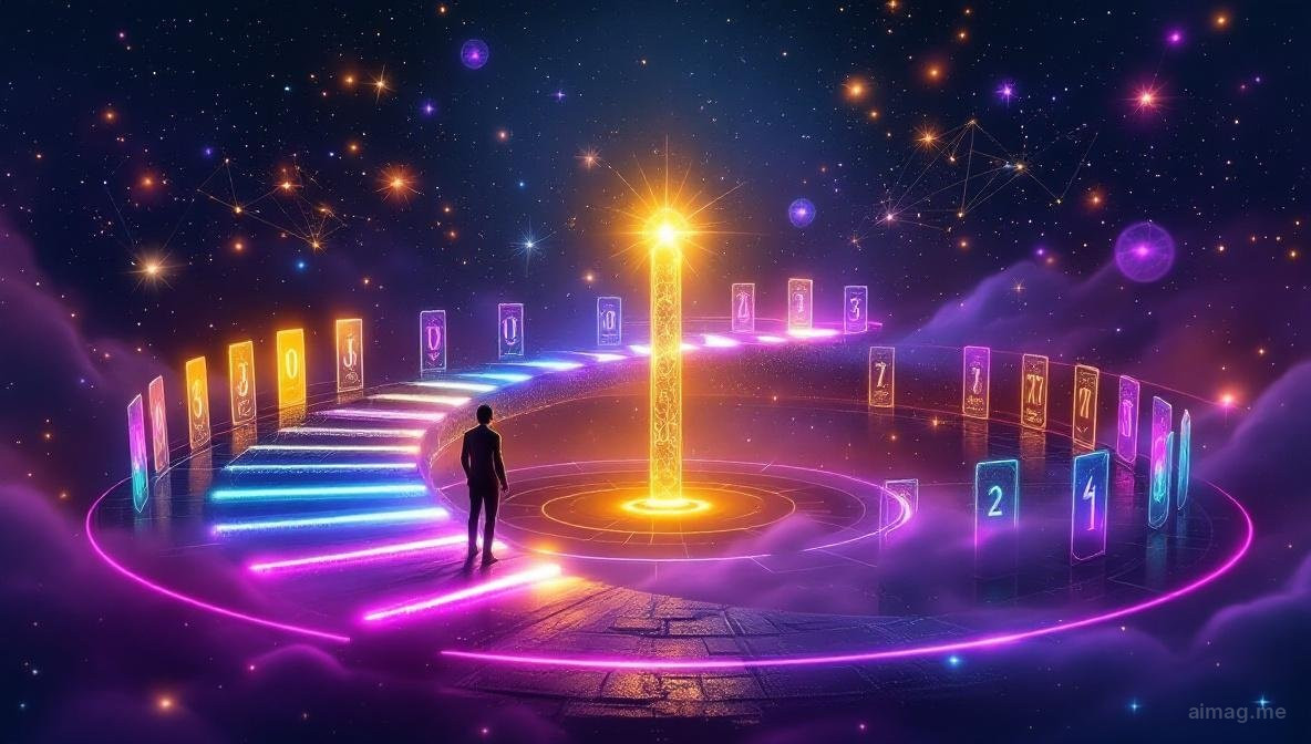 A luminous Major Arcana tarot card emerging from a spiral of numbers and celestial symbols, with a warm golden glow suggesting the discovery of a personal archetype