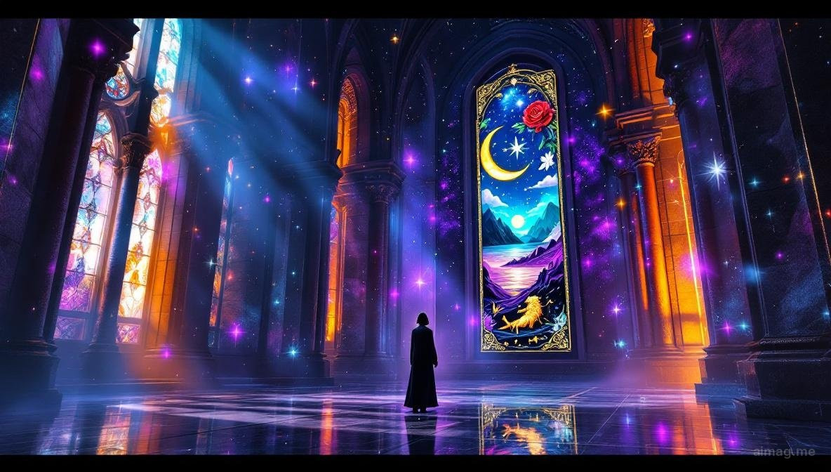 A collection of tarot card details arranged like a mosaic — roses, pillars, moons, mountains, and water flowing between the fragments — showing the recurring symbols across the deck