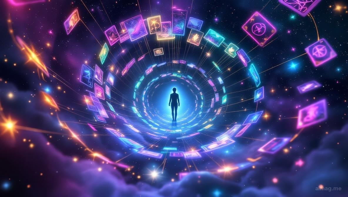 78 tarot cards fanned out in a spiral formation with glowing emotional energy radiating from each card in violet, gold, and cyan tones against a dark cosmic background