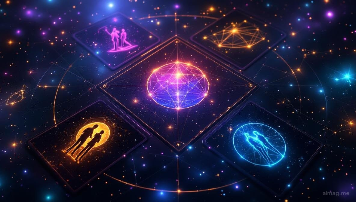 Two tarot cards facing each other across a dark surface, with a faint constellation pattern drawn between them suggesting the invisible threads of compatibility