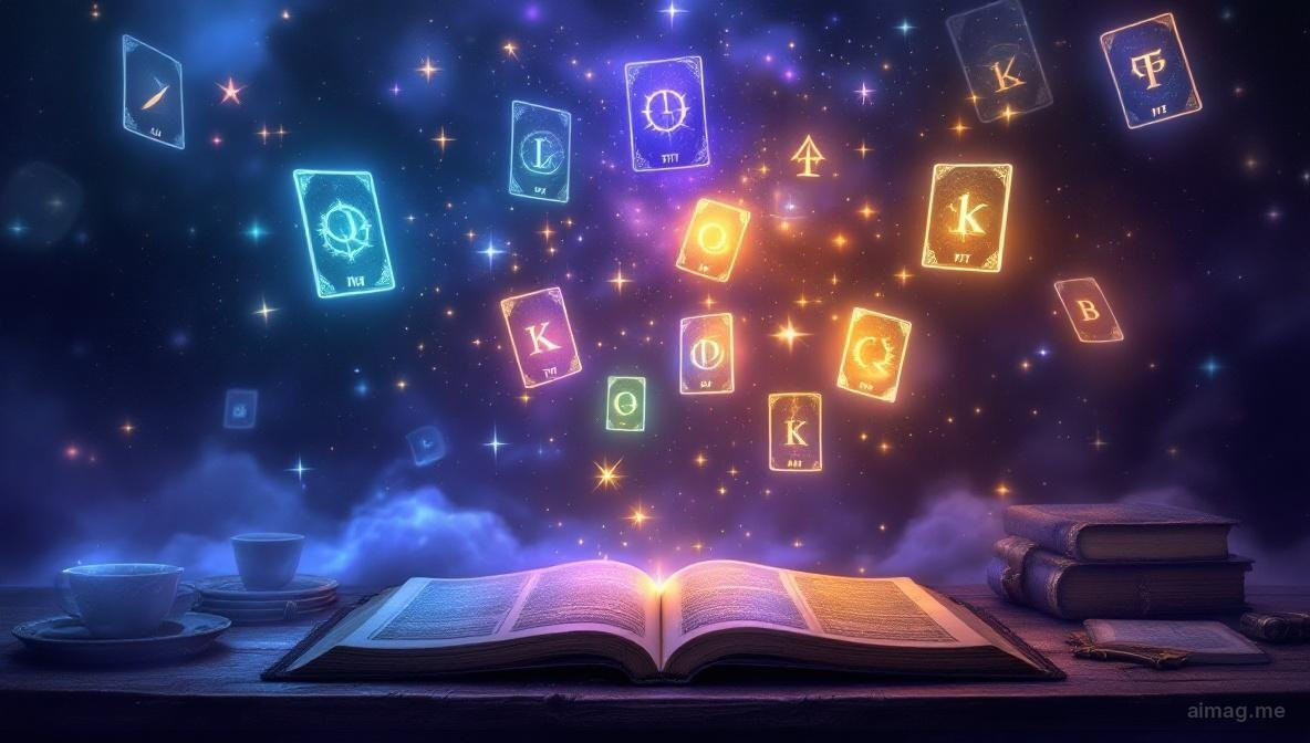 Sixteen tarot court cards arranged in a grid pattern with subtle personality type labels glowing beneath each card, warm and cool lighting dividing the introverted and extraverted types