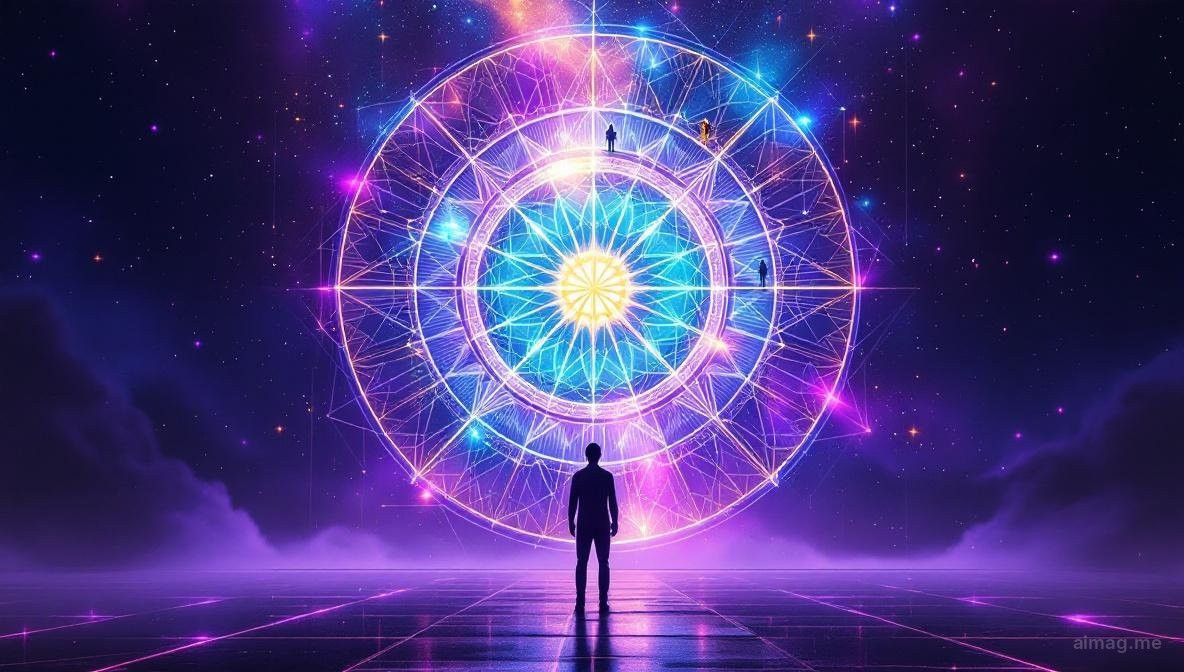 Nine tarot cards arranged in a circle on a dark wooden surface, each illuminated by a different colored light, forming a pattern reminiscent of the Enneagram symbol