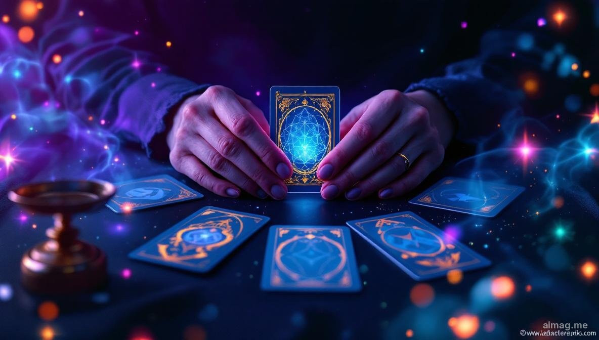 Para dłoni delikatnie opartych na talii tarota w półmroku, wyrażająca troskę i odpowiedzialność