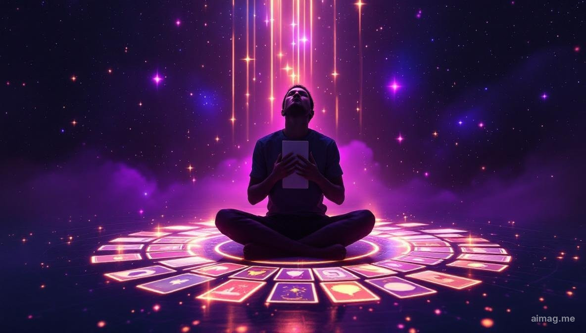 Para dłoni delikatnie spoczywających na talii tarota na spokojnej, niezagraconej powierzchni, ciepłe miękkie oświetlenie sugerujące moment ciszy