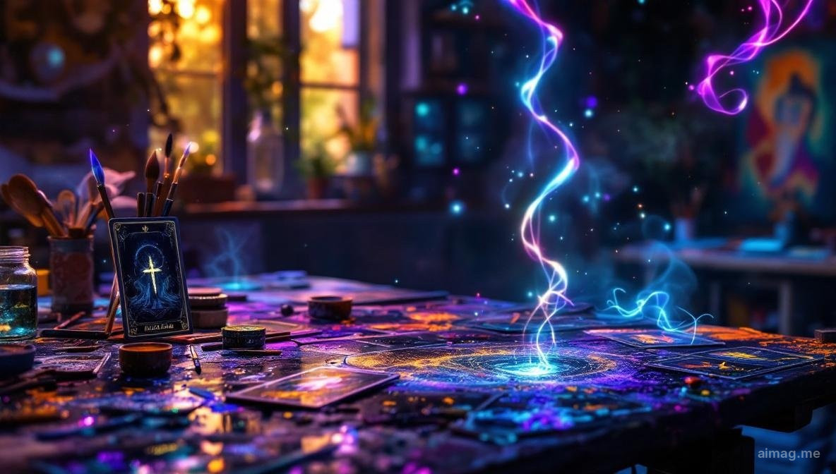 An artist at a paint-stained worktable studying The Magician tarot card propped against a jar of turpentine, warm studio light