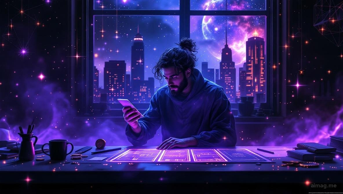 A tarot spread laid out on a polished wooden desk next to a laptop and notebook, blending symbolic imagery with the modern entrepreneur's workspace