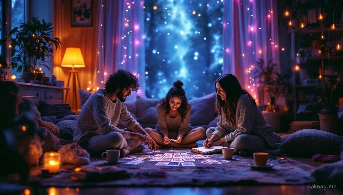Three friends sitting in a circle on a warmly lit floor with tarot cards spread between them, cups of tea and string lights creating golden glow