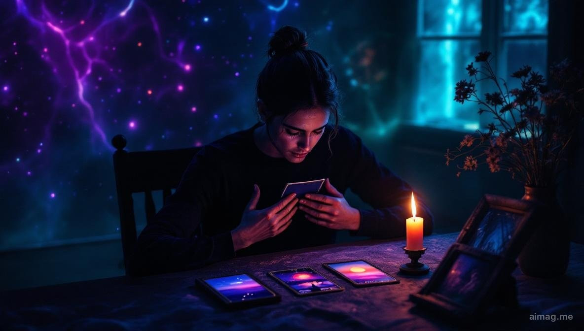 A single tarot card resting beside an empty chair in warm candlelight, suggesting the sacred space of grief and remembrance