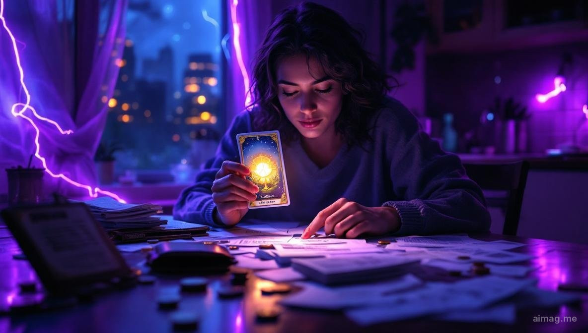 A tarot card glowing with amber light on a desk covered in bills and receipts, suggesting a fresh perspective on financial anxiety