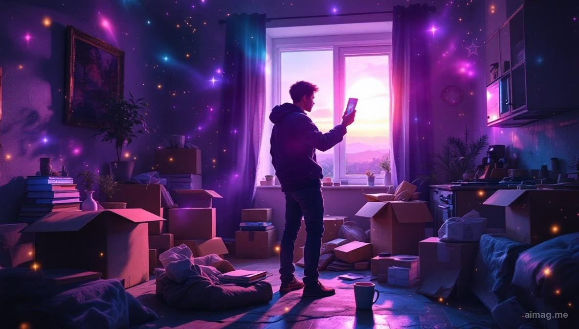 A figure holding a tarot card in a half-packed room with cardboard boxes and warm sunset light through bare windows