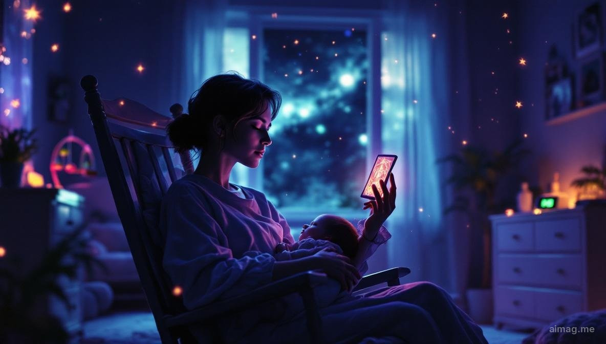 A figure in a rocking chair at 3 AM holding a sleeping infant and a tarot card by nightlight glow, dark circles and tender expression