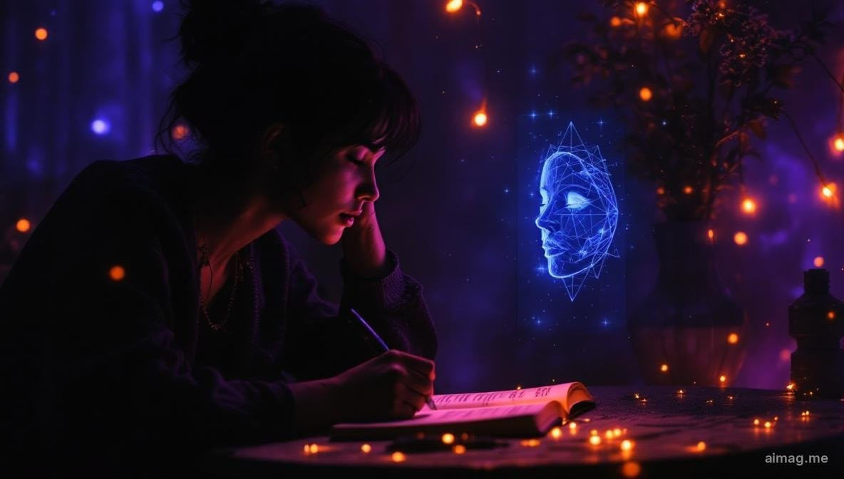 Osoba siedząca w spokoju przy biurku z jedną odkrytą kartą tarota, otwartym dziennikiem obok, ciepłe naturalne światło z okna