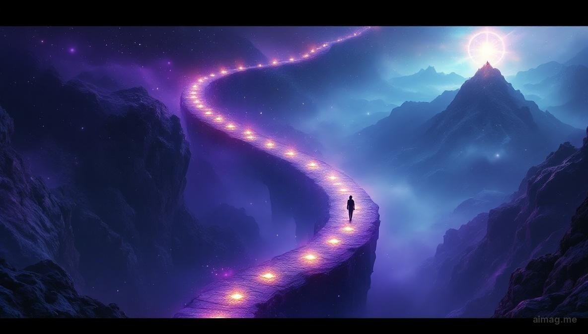 A winding golden path through a symbolic landscape with tarot card imagery embedded in mountains, forests, and archways along the route, representing the hero's journey