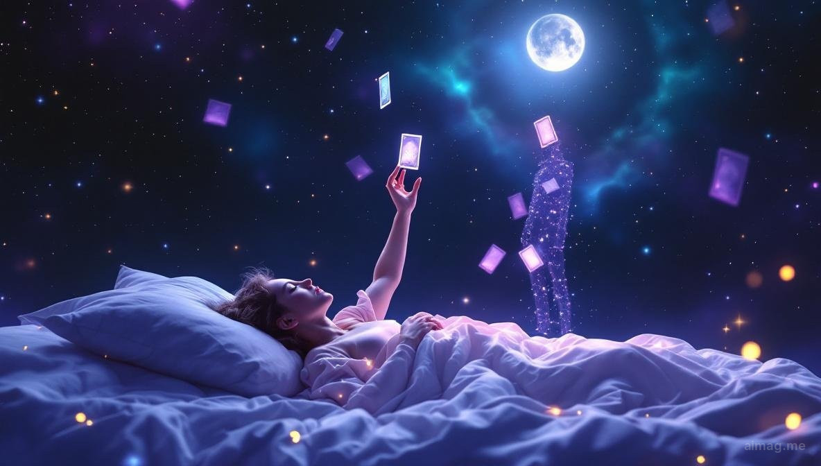 A tarot card resting on a pillow beside a sleeping figure, surrounded by soft dream-like wisps of light blending the waking and dream worlds
