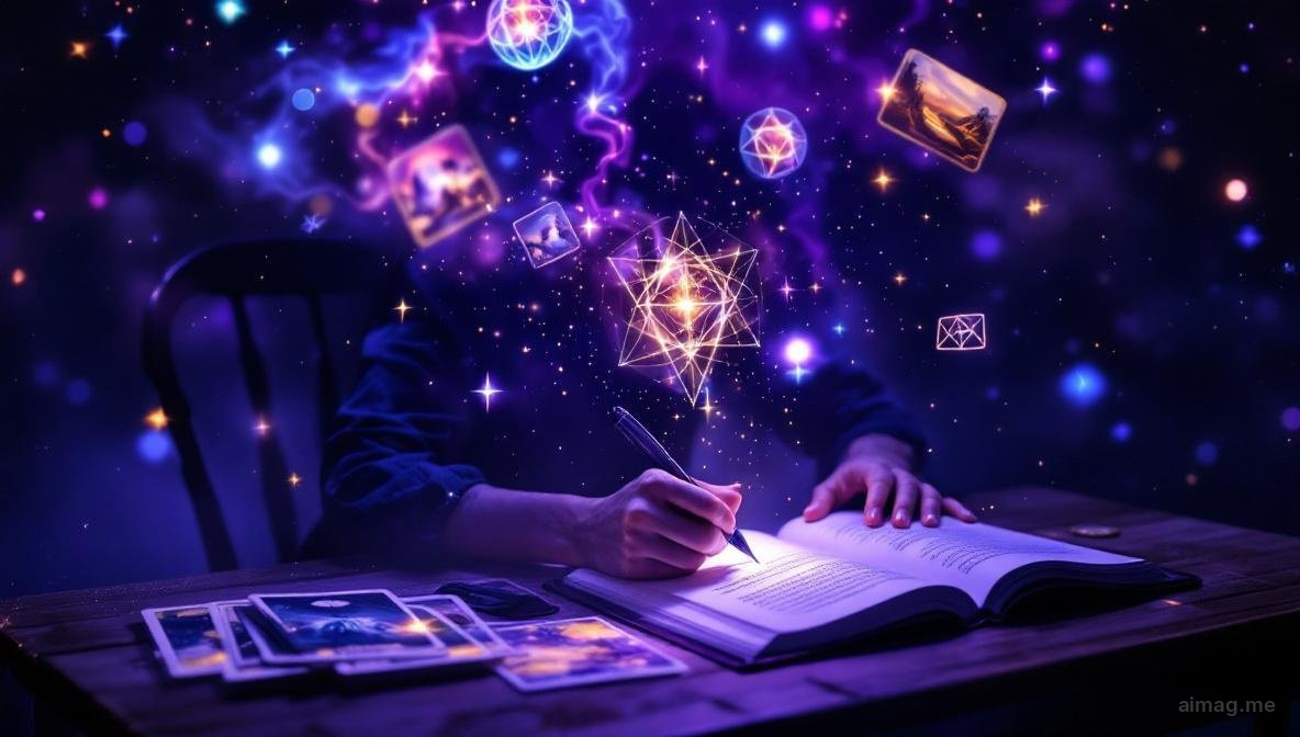 An open journal with tarot cards arranged on its pages beside a warm candle, with handwritten notes visible on the paper