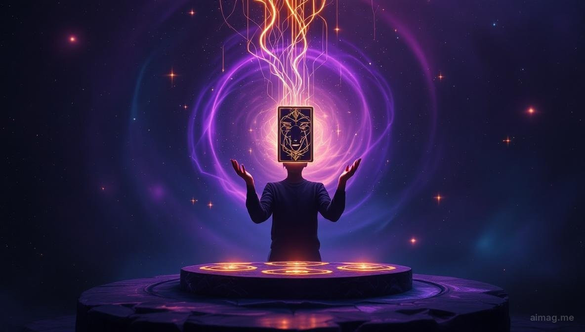 A glowing tarot card floating above open hands with streams of light radiating upward, symbolizing intention and manifestation