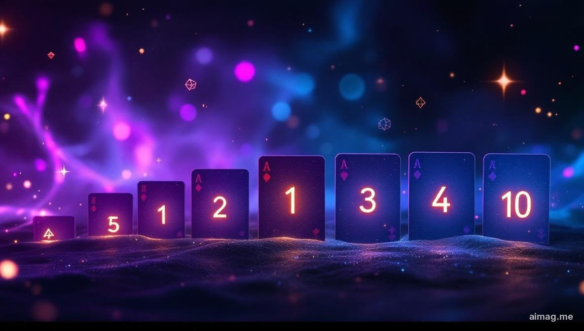 Karty tarota ułożone w sekwencji liczbowej od Asa do Dziesiątki na ciemnej powierzchni, pokazujące wizualną progresję jednego koloru