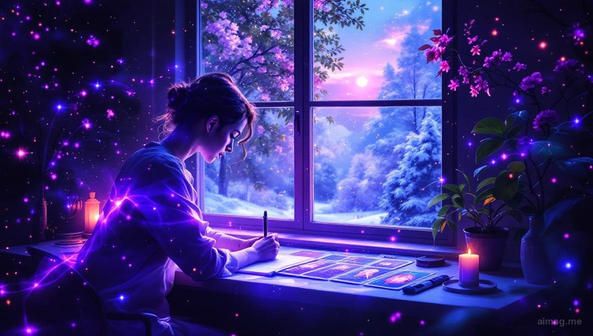 A single tarot card standing upright on a desk with a calendar showing 2026 in the background, contemplative warm light