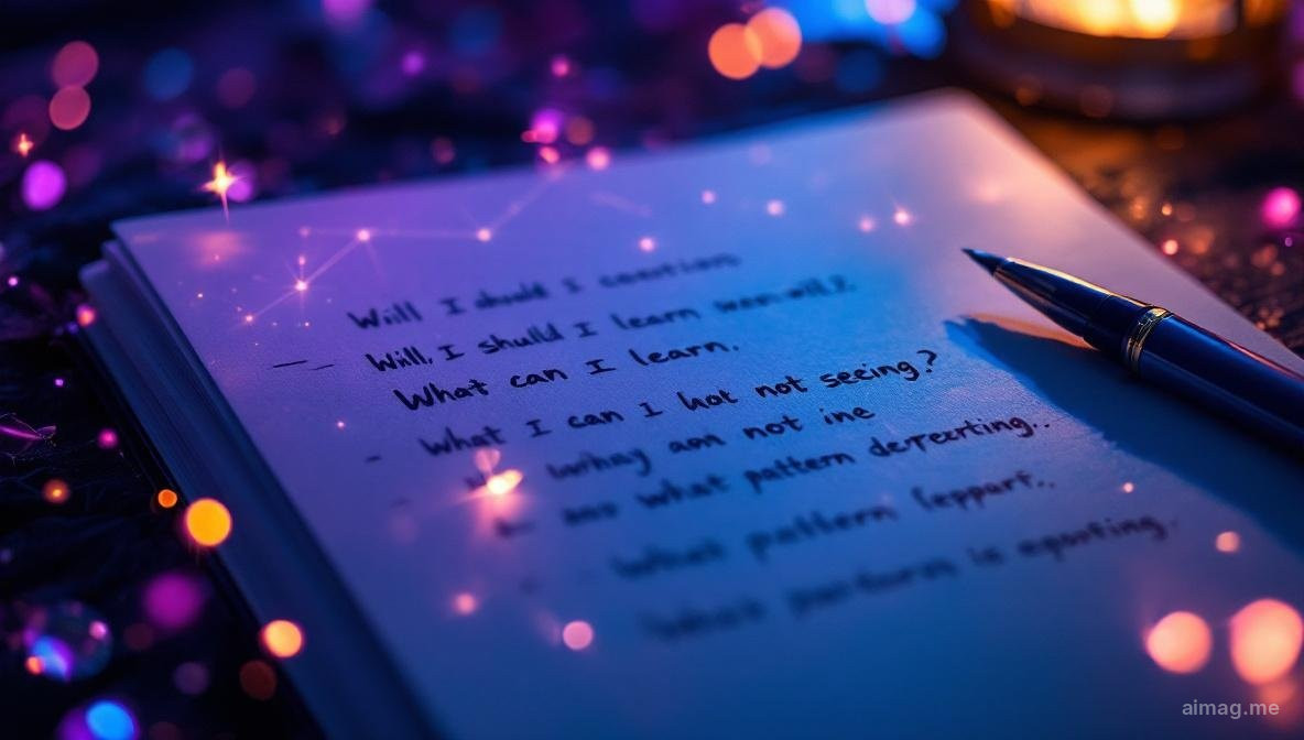 An open journal next to tarot cards with handwritten questions visible on the page, suggesting thoughtful question framing as the foundation of a meaningful tarot reading