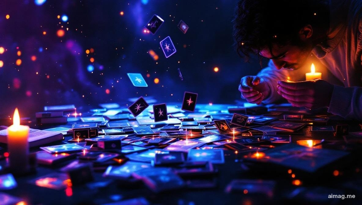 Rozproszone karty tarota na ciemnej powierzchni z jedną kartą odwróconą do góry nogami i ręką wahającą się nad nimi, miękkie nastrojowe oświetlenie