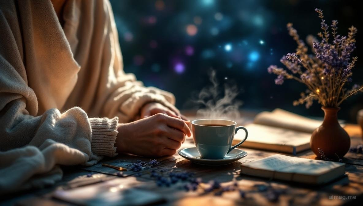 A person wrapped in a soft blanket holding a single tarot card beside a cup of tea and a journal on a sunlit wooden table, creating an atmosphere of gentle morning ritual