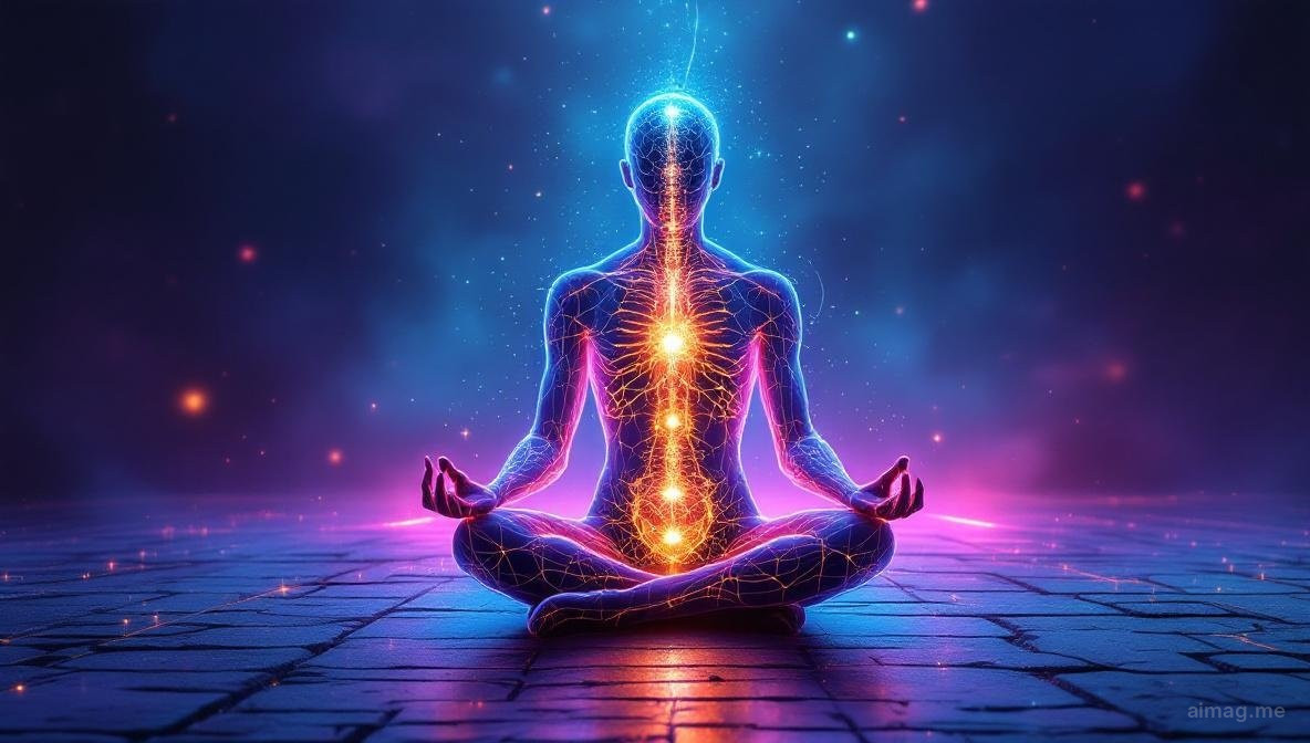 A person sitting cross-legged with closed eyes, one hand on their chest and the other resting on a spread of tarot cards, warm light radiating from both the hand and the cards