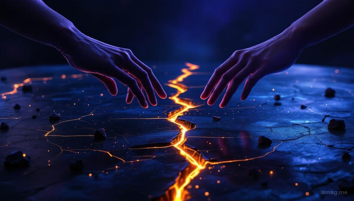 Two hands reaching toward each other across a cracked dark surface, with a thin line of golden light visible in the crack between them, suggesting trust being rebuilt across a divide
