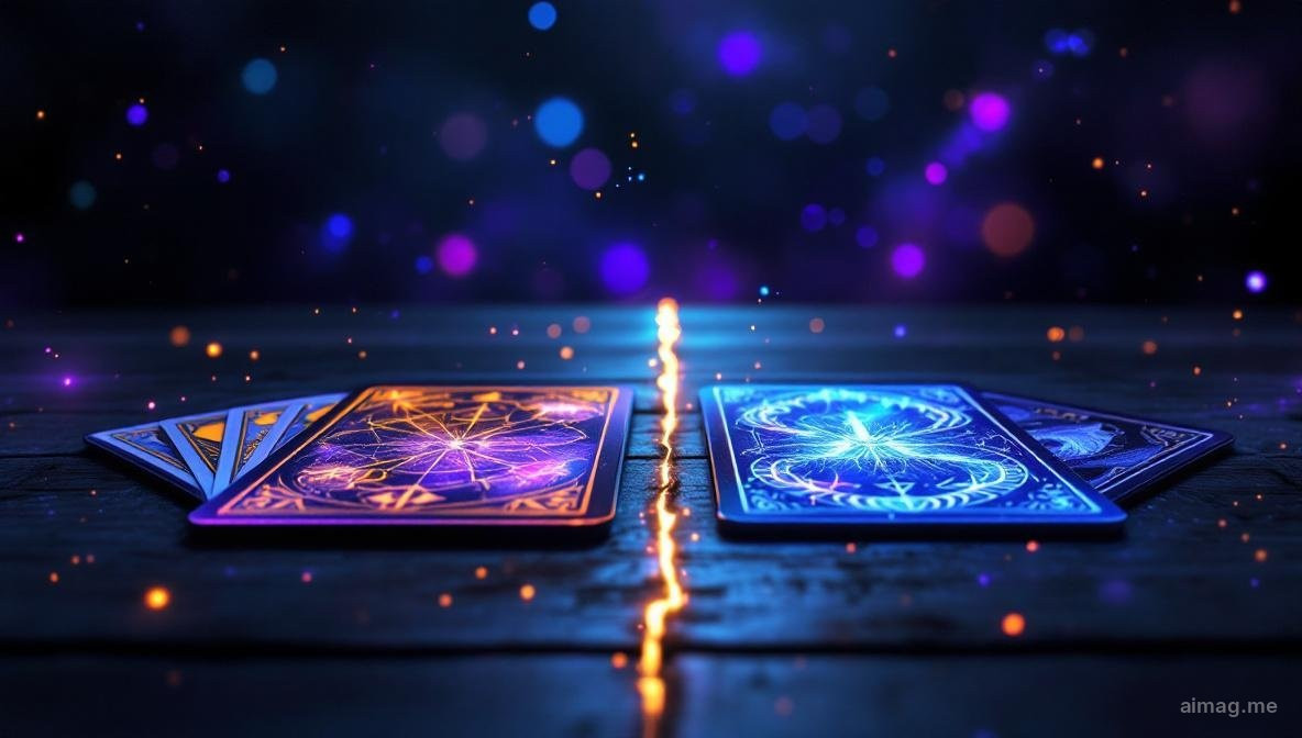 A tarot deck and an oracle deck placed side by side on a dark surface, the tarot structured and symbolic, the oracle more free-form and intuitive, suggesting two different approaches to the same human need