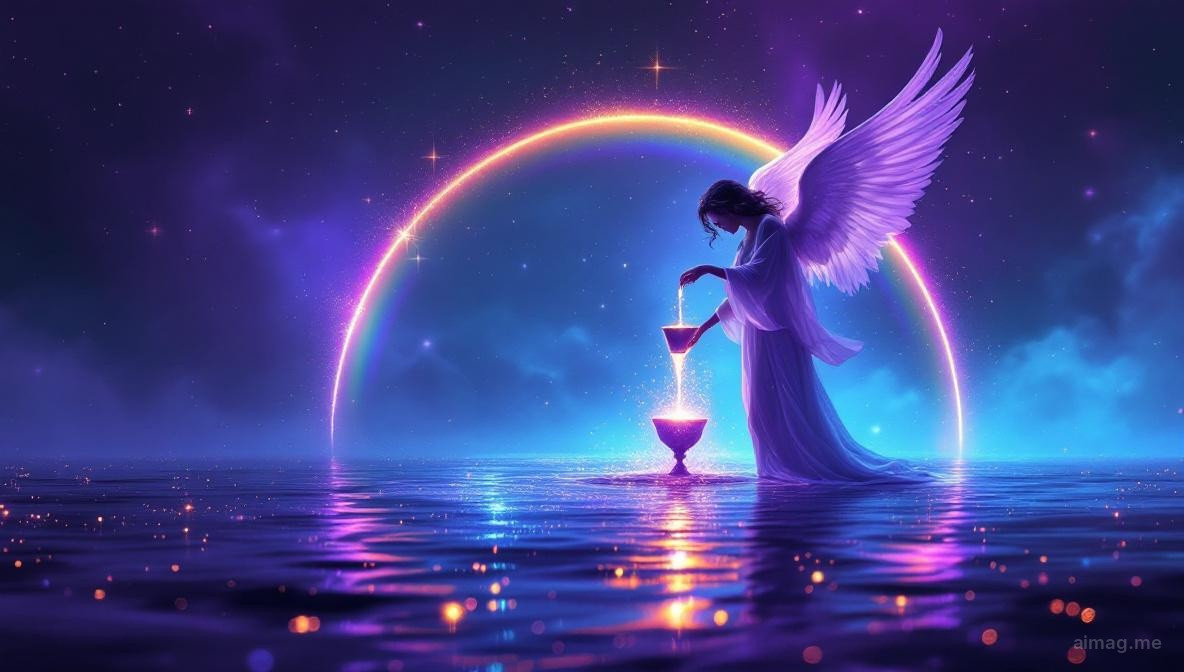 Dwa strumienie świetlistej wody łączące się w jeden zbiornik, jeden złoty i jeden srebrny, płynnie się scalające w miękkim porannym świetle