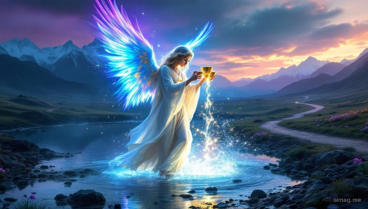 Karta tarota Umiarkowanie — skrzydlaty anioł stojący jedną stopą na lądzie a drugą w wodzie, przelewający płyn między dwoma kielichami