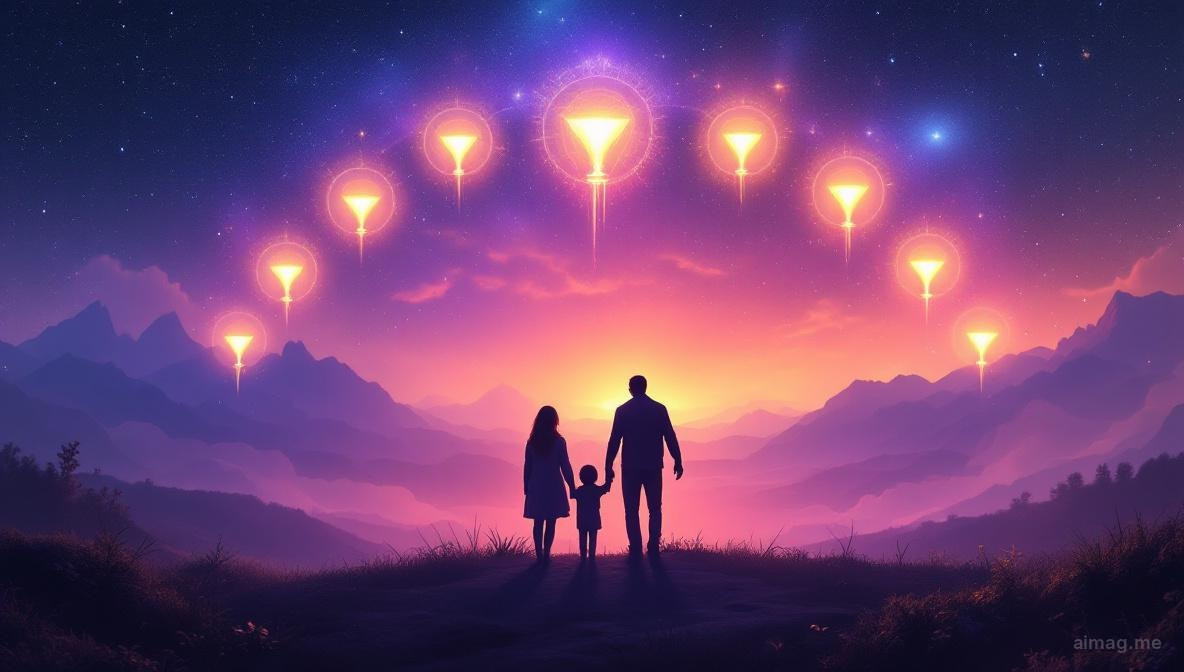A family silhouetted against a radiant rainbow of ten luminous cups arching across a peaceful valley with a cottage and flowing stream at dusk
