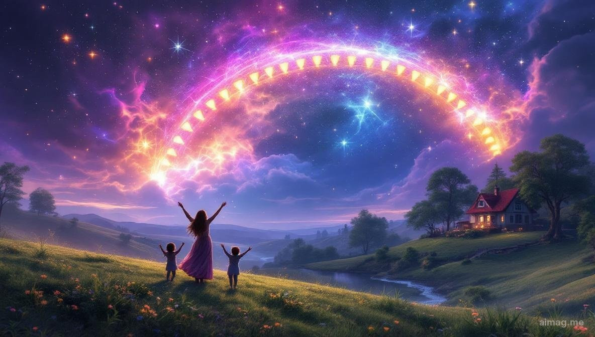 Ten of Cups tarot card — a couple with arms raised beneath a rainbow of ten cups, two children playing beside them in a green landscape with a home in the distance