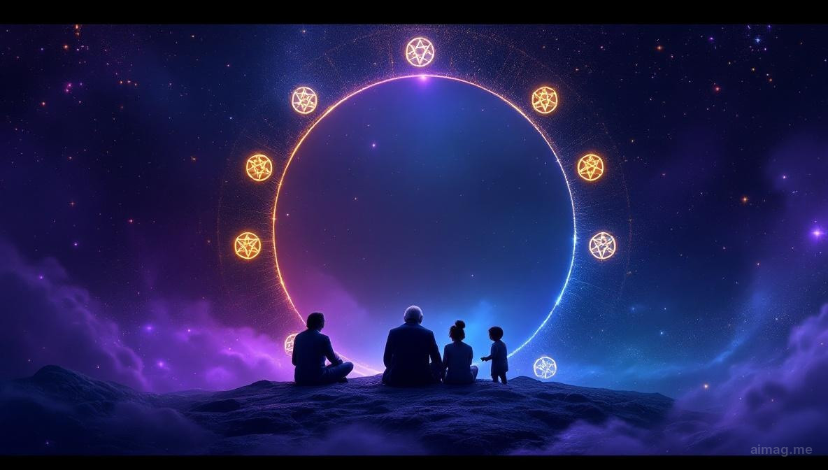 Trzy pokolenia zgromadzone pod kamiennym łukiem, dziesięć złotych monet osadzonych w starożytnych murach wokół nich, ciepłe światło ognia oświetla zwietrzałe rodzinne tkaniny