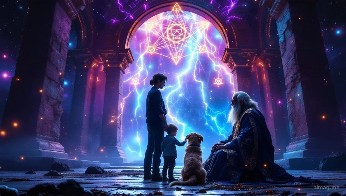 Ten of Pentacles tarot card — an elderly patriarch in rich robes sits under a stone archway with his family, two dogs, and ten pentacles arranged in the Tree of Life pattern