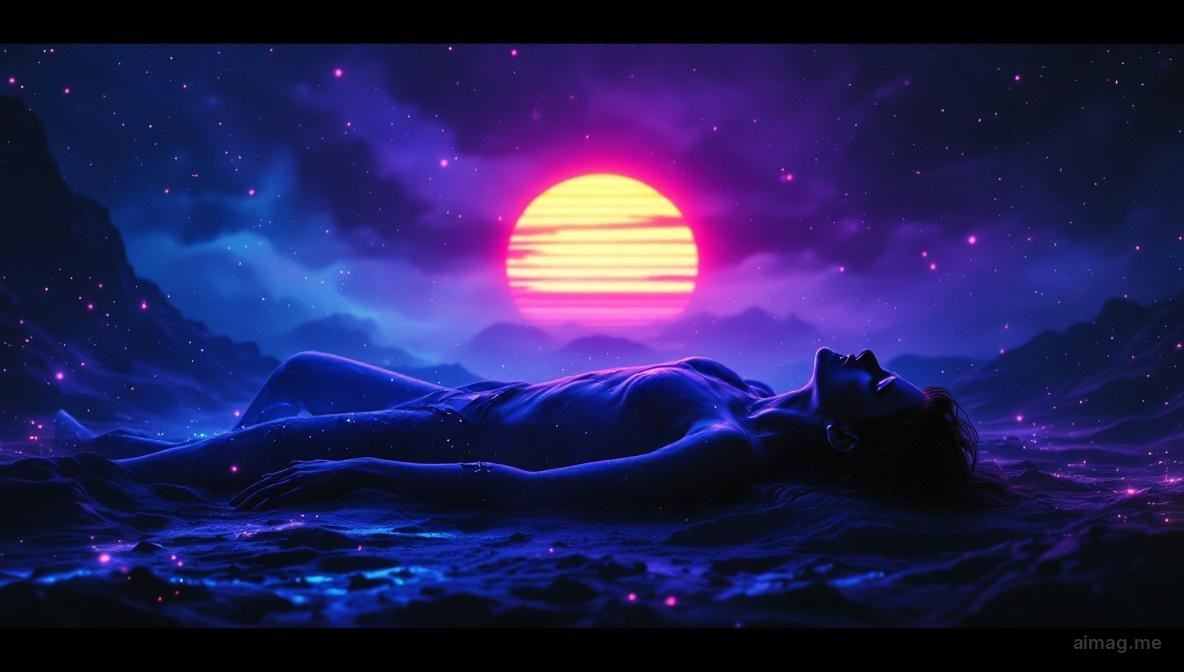 Postać leżąca twarzą w dół z dziesięcioma mieczami w plecach, złoty wschód słońca przebijający się na dalekim horyzoncie za ciemnymi wodami