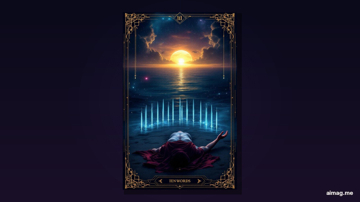 Ten of Swords tarot card — a figure lies face-down on dark ground with ten swords driven into the back, a golden dawn breaking on the horizon over a calm sea