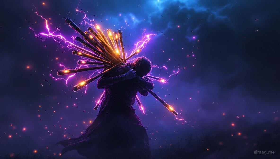 Postać pochylona do przodu pod ciężarem dziesięciu ciężkich drewnianych różdżek, z trudem wspinająca się na wzgórze ku odległej wiosce, złote światło zachodu słońca rzucające długie cienie